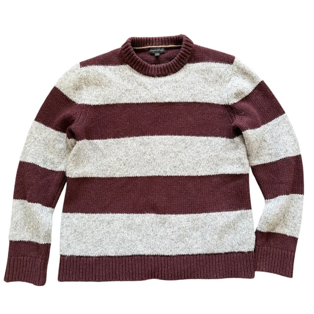 Banana Republic Burgundy & Light Grey Rugby Stripe Wool Alpaca Crewneck Sweater